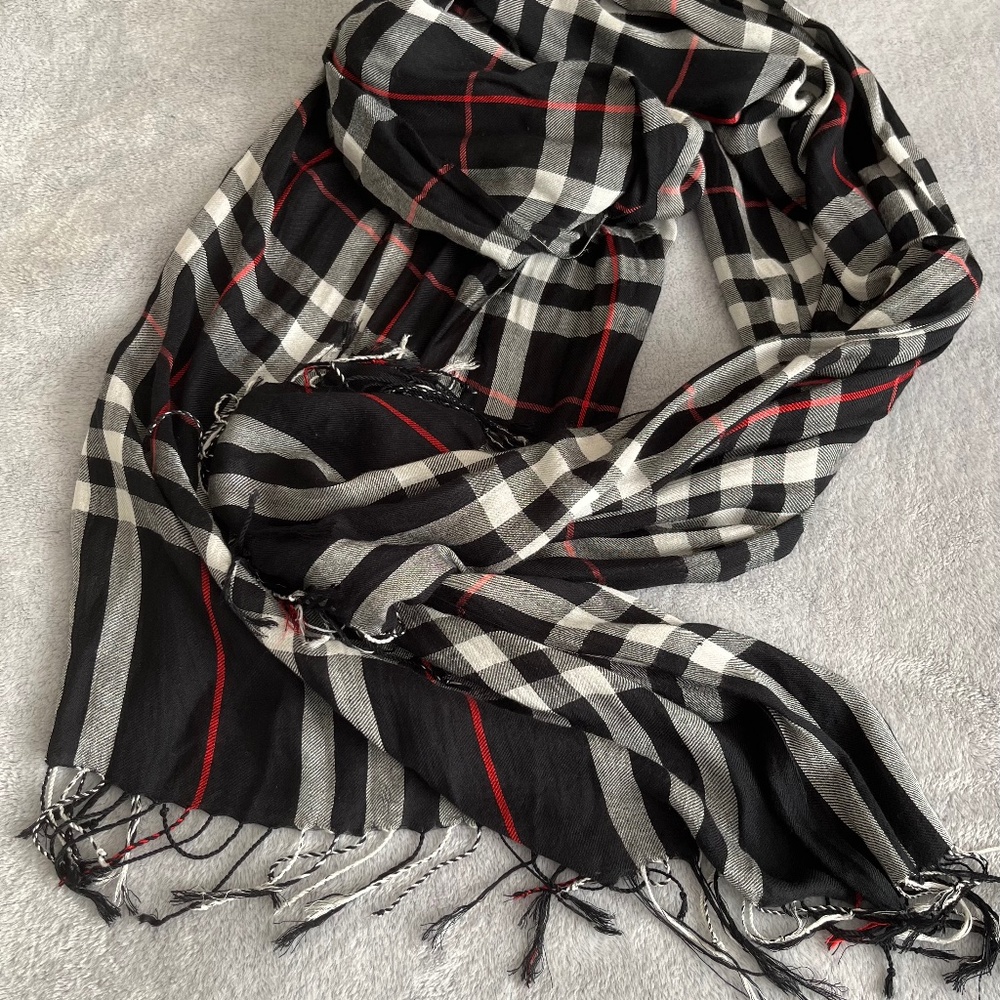 100% Silk Black and White Plaid Red Accents Lightweight Scarf by W.E. Kashmir